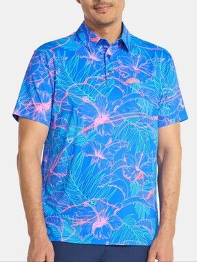 NWT BirdieBound Tropic Floral Short-Sleeve Golf Polo Blue & Pink